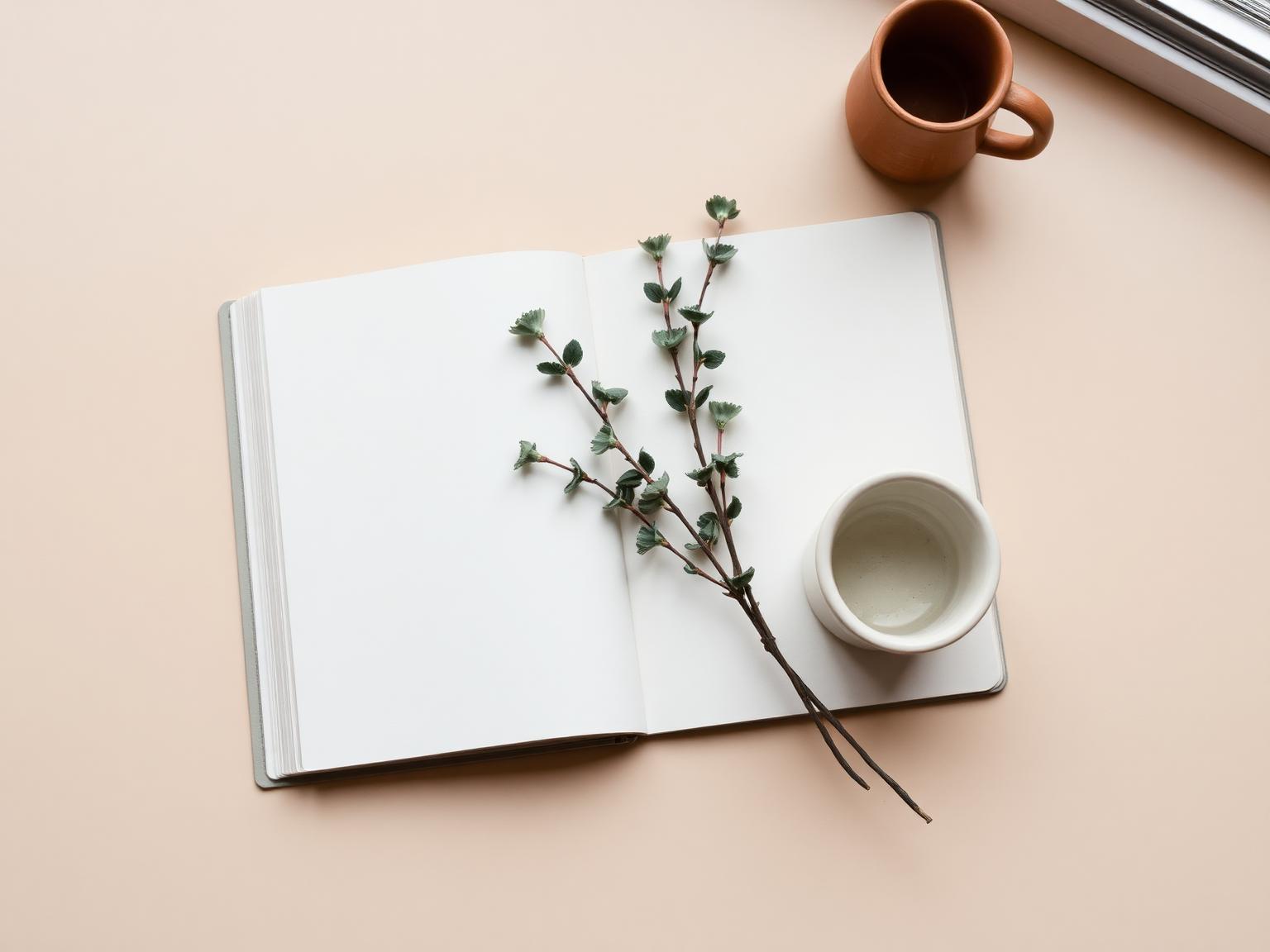 A calm workspace with a notebook and eucalyptus
